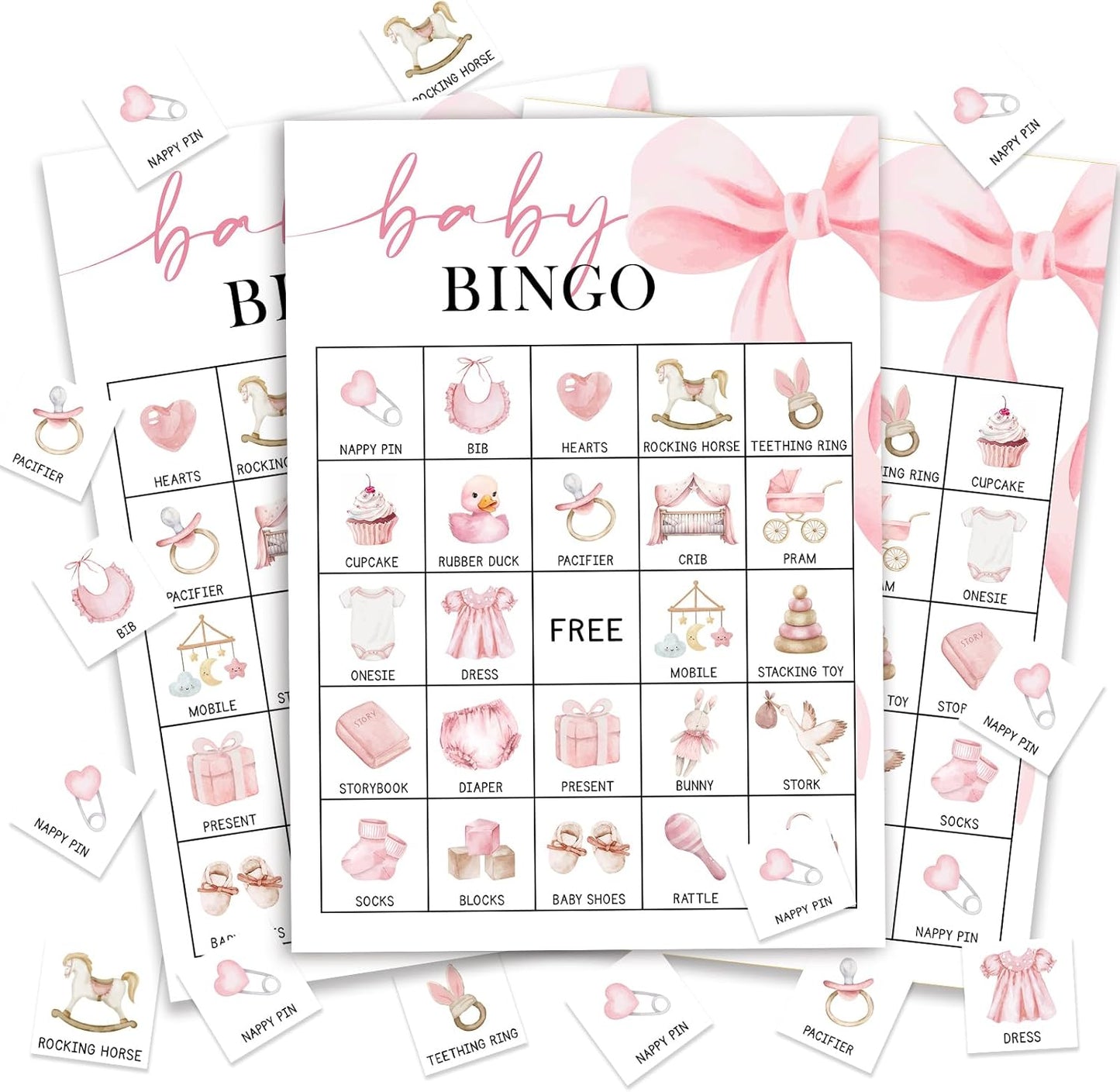 Pink Bow Baby Shower Bingo Games, 24 Player Pink Bingo Cards for Baby Shower, Gender Reveal Party Games Favors Supplies Decorations
