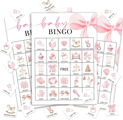 Pink Bow Baby Shower Bingo Games, 24 Player Pink Bingo Cards for Baby Shower, Gender Reveal Party Games Favors Supplies Decorations