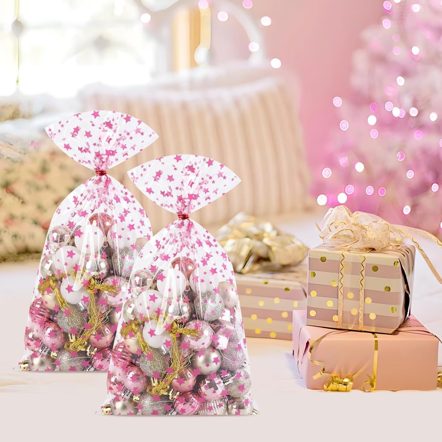 100 Pcs Star Printed 5"X 7" Gift Wrap Cello Cellophane Treat Bags Party Favor bags Clear Candy Cookie Bag Plastic Poly Goodie Storage Bag with Twist Ties for Bakery,Birthday, Wedding ,Party Decorations (Gold)