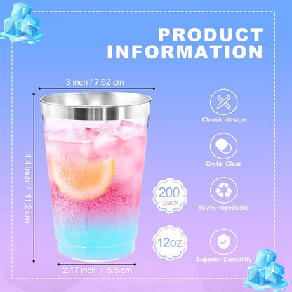 supernal 100pcs Gold Plastic Cups 12 oz, Glitter Clear Disposable Cups Heavy Duty, Fancy Plastic Cocktail Tumblers for Wedding, Parties Champagne & Mixed Drinks