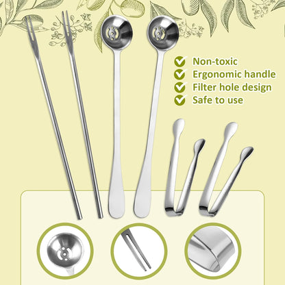6 Pieces Long Handle Pickle Fork Olive Spoon with Drain Hole Strainer Kitchen Serving Tongs Set, Stainless Steel Pickle Picker for the Jar Cucumber Arugula Caper