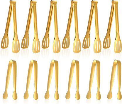12pcs Gold Tongs for Serving Food, Small Tongs for Appetizers, Stainless Steel Buffet Tong Ice Tong for Appetizers, Tea Party, Coffee Bar, Kitchen Cooking Tools