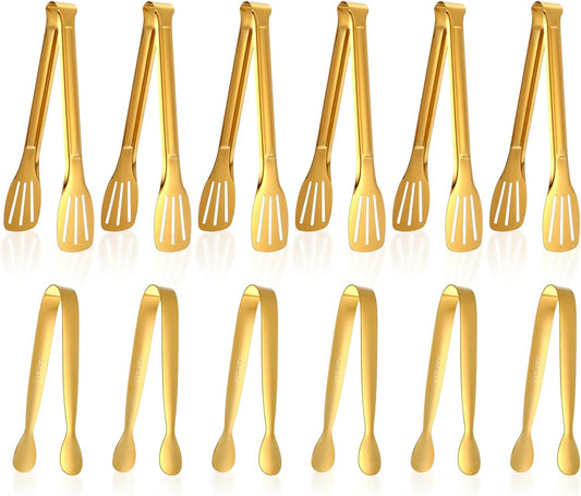 12pcs Gold Tongs for Serving Food, Small Tongs for Appetizers, Stainless Steel Buffet Tong Ice Tong for Appetizers, Tea Party, Coffee Bar, Kitchen Cooking Tools