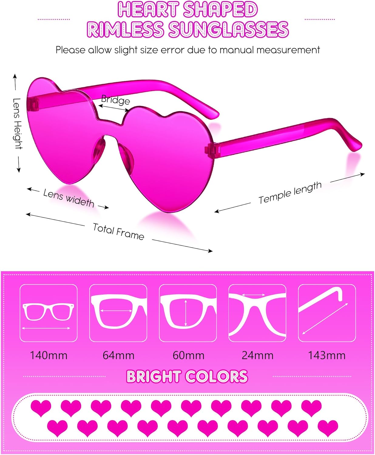 Frienda 20 Pairs Heart Shaped Sunglasses Rimless Candy Color Glasses for Women Men Party Favor