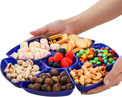 AVLA 12 Pcs Plastic Snack Serving Tray, 12 Inch Unbreakable Chip and Dip Divided Serving Plates, Round 7 Compartments Multifunctional Food Platter for Snack, Nuts, Candy, Dried Fruit, Veggies