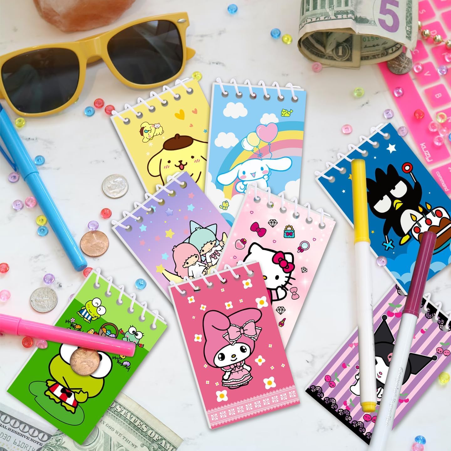 Kitty Birthday Party Supplies, 24Pcs Mini Notepads for Kawaii Birthday Party Favors, Goodie Bag Stuffers, Children Classroom Rewards, 8 Types