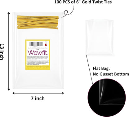 Wowfit 100 CT 6x10 Inch Clear Flat Cellophane Treat Bags with 6” Gold Twist Ties, Cello Packaging for Gift Wrapping, Decorations, and Food Storage