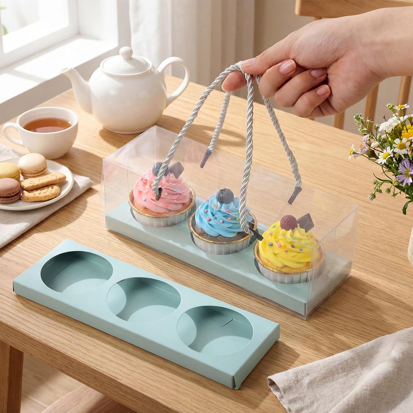 Thenshop 20 Pcs 9 x 3 x 3 Inch Clear Cupcake Boxes with Handle and Inserts 3 Count Portable Pastry Packaging for Cupcakes Carrier Muffin Bakery Containers Mothers Day Wedding Party(Brown)