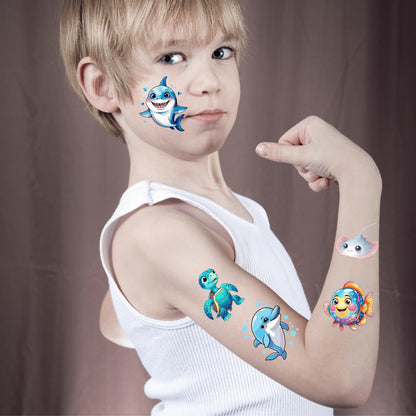 108 PCS Ocean Sea Animal Shark Whale Fish Pre-Cut Temporary Tattoos | Super Cute Themed Birthday Party Favors, Supplies, Decorations, Fake Tattoo Stickers