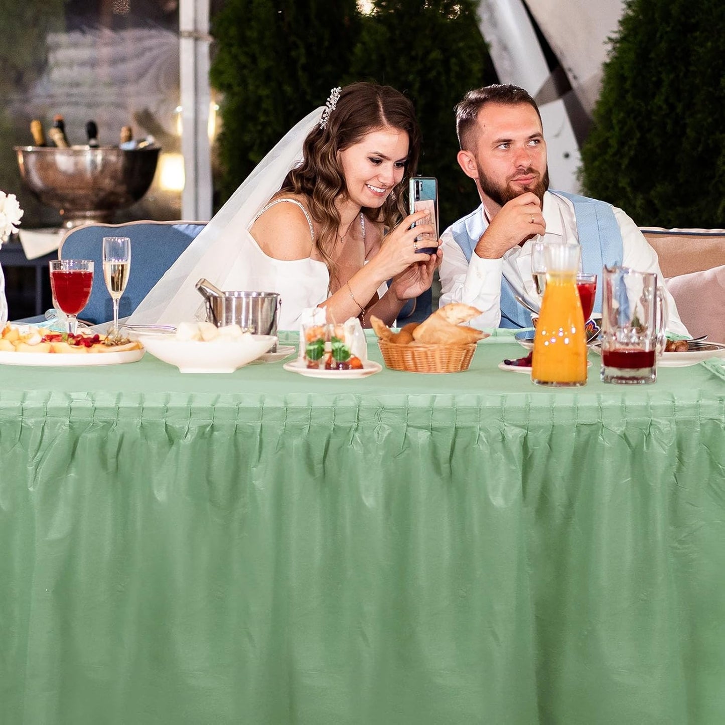Oudain 6 Pcs Plastic Table Skirts and Stainproof Table Cloths 54 x 108 in Plastic Ruffle Tablecloth 168 x 29 Inches Disposable for Wedding Baby Shower Valentine Spring Easter Party(White)