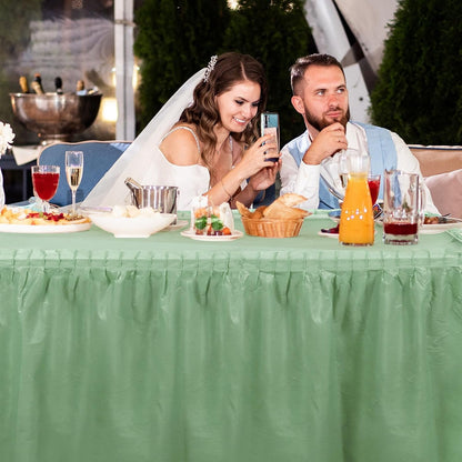 Oudain 6 Pcs Plastic Table Skirts and Stainproof Table Cloths 54 x 108 in Plastic Ruffle Tablecloth 168 x 29 Inches Disposable for Wedding Baby Shower Valentine Spring Easter Party(White)