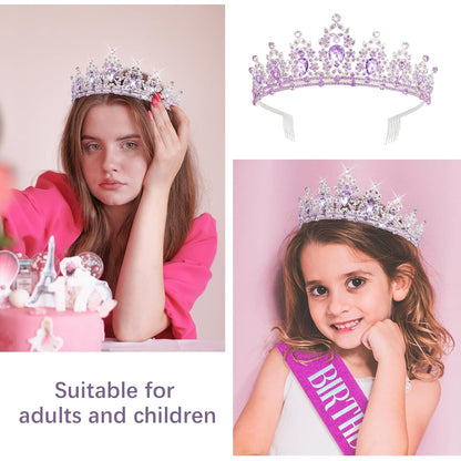 CAVETEE Red Black Birthday Crown and Sash for Women Sash & Rhinestone Tiara Set Red and Black Party Decorations Birthday Queen Crowns Tiaras for Women