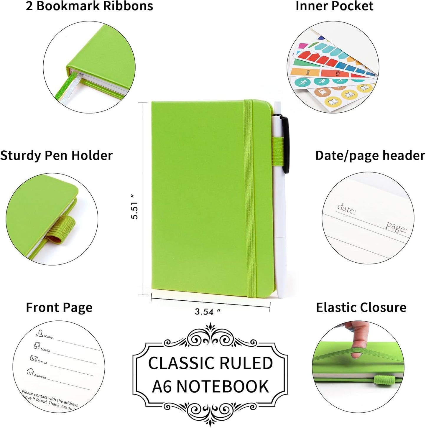 feela 6 Pack Pocket Small Notebooks Bulk, Mini Cute Memo Notepads Hardcover College Ruled Lined Journals with Pen Holder for Women Girls Office School, with 6 Black Pens, 3.5”x 5.5”, A6, Rose Pink