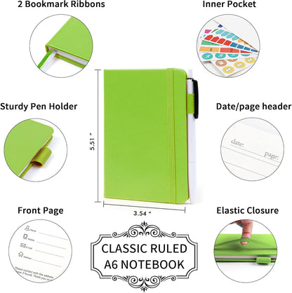 feela 6 Pack Pocket Small Notebooks Bulk, Mini Cute Memo Notepads Hardcover College Ruled Lined Journals with Pen Holder for Women Girls Office School, with 6 Black Pens, 3.5”x 5.5”, A6, Rose Pink