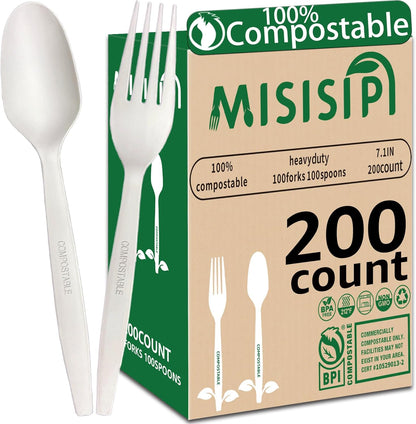 MISISIPI 150-Count Compostable Utensils Set - Heavy Duty BPI Certified, Plastic-Free Disposable Forks, Spoons, Knives for BBQ, Camping, Events, Plant-Based Cutlery