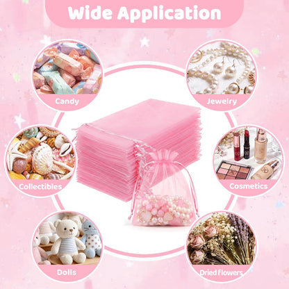 FUNFERY 100 Pcs White Organza Bags 3x4 in, Small Mesh Drawstring Gift Bags for Sachet, Jewelry, Wedding Favor, Candy Goodie Treat Bag,Easter Day