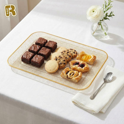 3 Pack Plastic Serving Trays for Party - Gold Serving Tray 8 x 11 Inch - Heavy Duty Dessert Trays for Food - Rectangular Party Serving Trays for Entertaining - Clear Cookie Platters