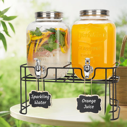 Glass Drink Dispensers For Parties, 2 PACK 1 Gallon Beverage Dispenser With Wooden Lids, Metal Stand And Spigot 100% Leak proof. Lemonade Dispenser With Chalk board