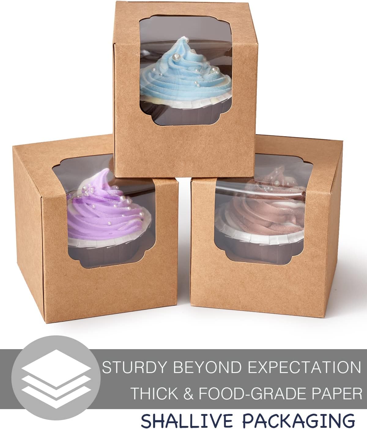 100 Pcs Kraft Brown Cupcake Boxes Individual Bulk Paper Cupcake Containers Single with Insert and Window, Pop up Cookie Boxes and Cocoa Bombs Boxes Packaging for Bakery Gift Giving