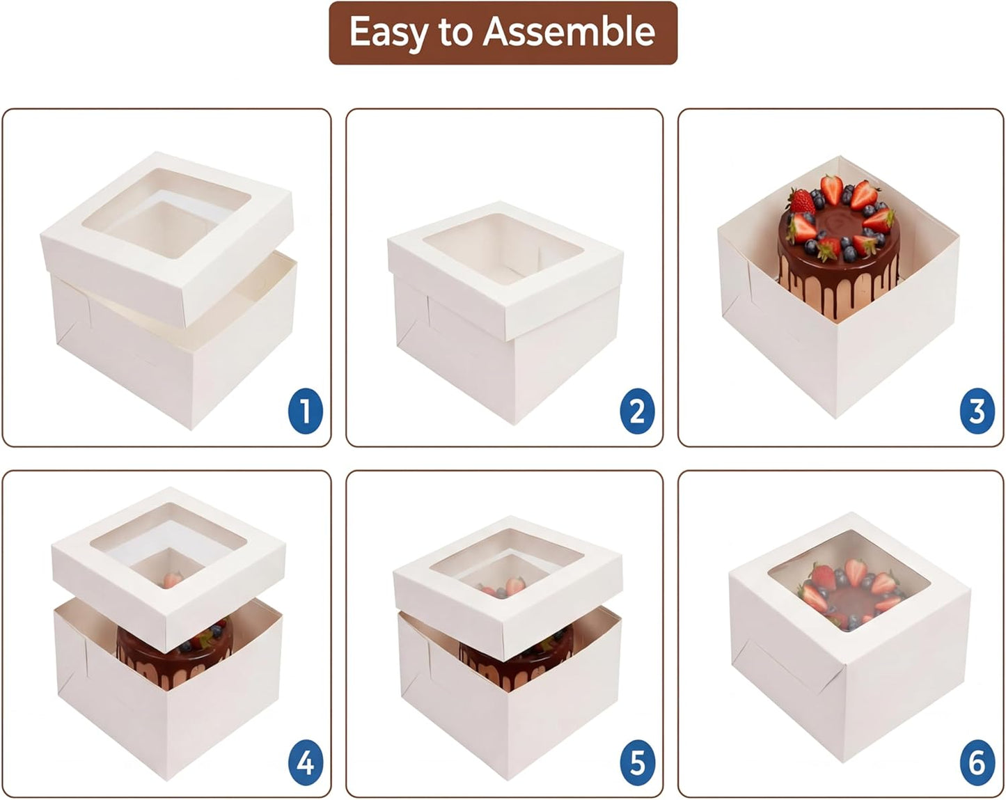 3 Pack 10x10x8 Inch White Cake Boxes with Window and Lids – Disposable Bakery Boxes for Cakes, Donuts, Pies, Cookies – Birthday, Wedding, Party Supplies