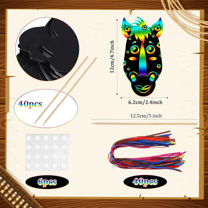 Hungdao 80 Pcs Horse Craft Horse Face Scratch Cards Colorful Rainbow Western Cowboy Scratch Paper Art with Wooden Stylus for DIY Western Theme Birthday PartyActivities