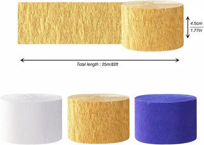 Navy-Blue White-Gold Crepe Paper Streamers - 9 Rolls Royal Blue Graduation 2025 Men Boy Birthday Party Decorations Streamer Wedding Bridal Shower Paper Garland Fathers Day Decor Panduola
