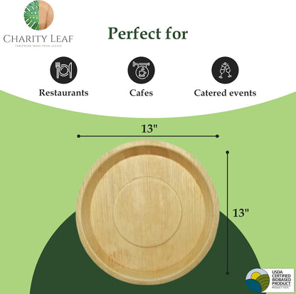 Charity Leaf Disposable Palm Leaf 13" Deep Round Trays (10 pieces) Bamboo Like Serving Platters, Disposable Boards, Eco-Friendly Dinnerware For Weddings, Catering, Events