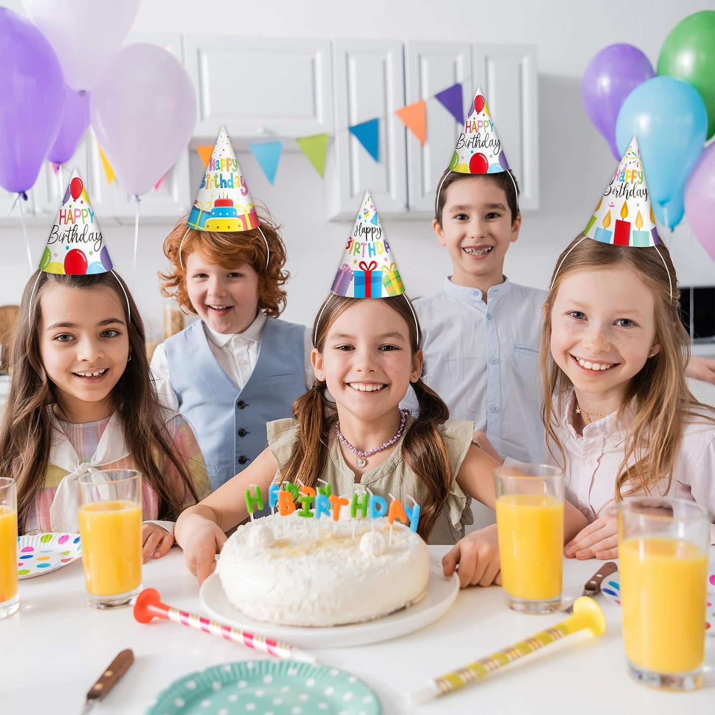 Lonfliness 32Pcs Colorful Party Hats for Kids Happy Birthday Cone Paper Hats Classroom Celebration Supplies Favors