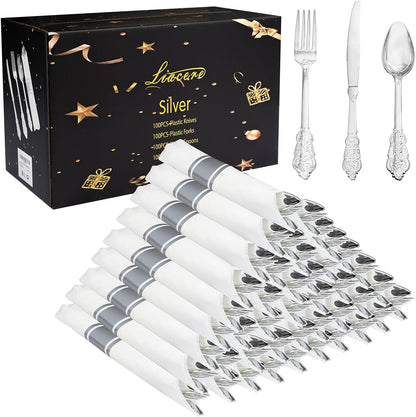 Liacere 100 Pack Silver Plastic Silverware-Pre Wrapped cutlery and Napkin-Pre Rolled Silverware Disposable 100 Forks, 100 Knives 100 Spoons, 100 Napkins Plastic Utensils＆Wedding