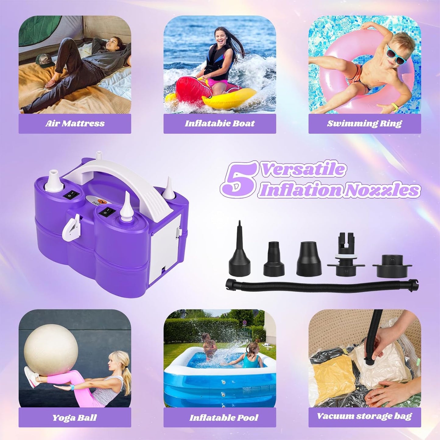 Electric Balloon Pump, Portable Electric Balloon Blower Machine Balloon Air Pump Dual Nozzle 110V 600W Balloon Inflator for Party Decorations