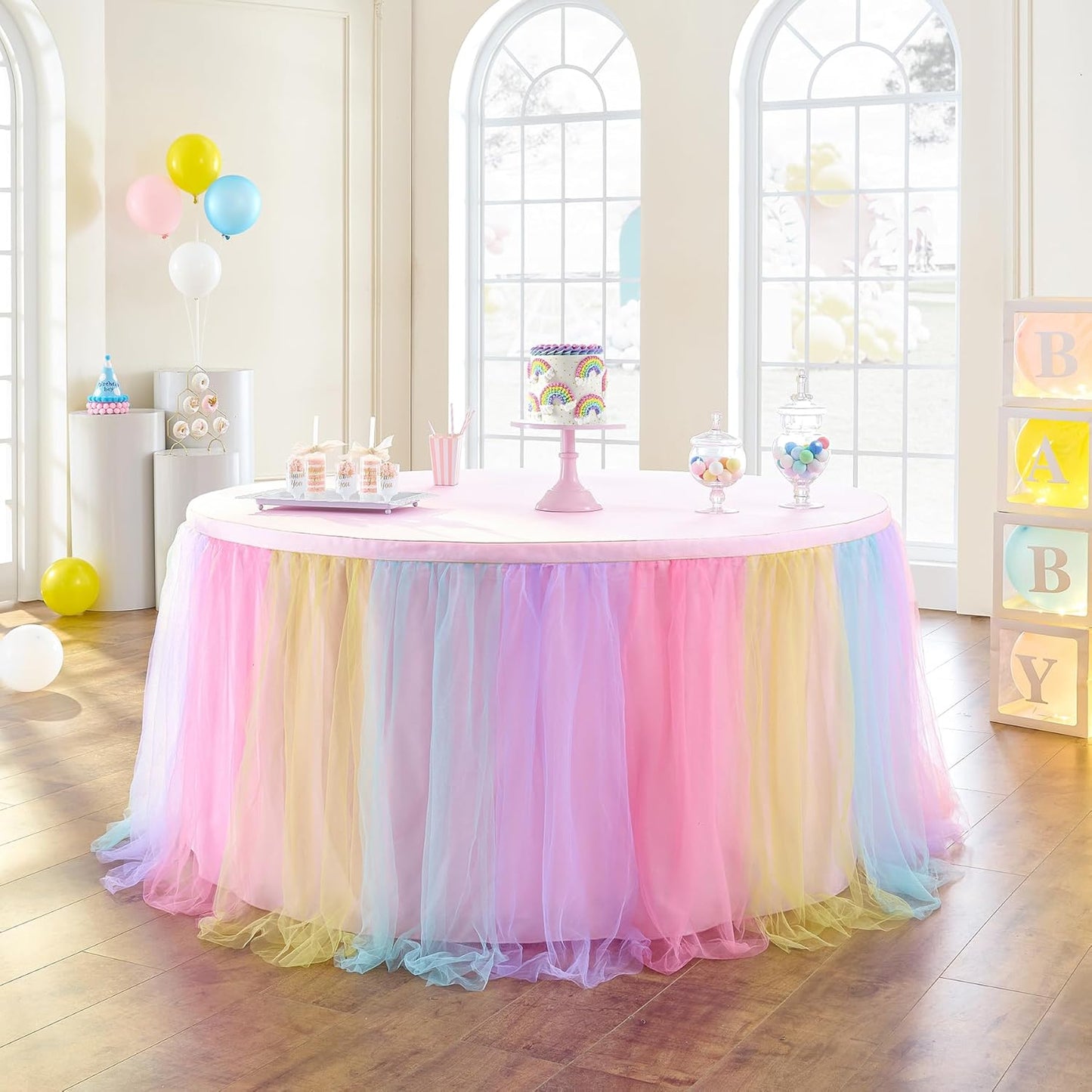 72inch Champagne Gold Tulle Table Skirts for Rectangle Round Tables, Gold Grim Ruffle Tulle Tutu Cloth Table Skirt 6ft for Wedding Birthday Party Cake Dessert Decor(No Top Cover)
