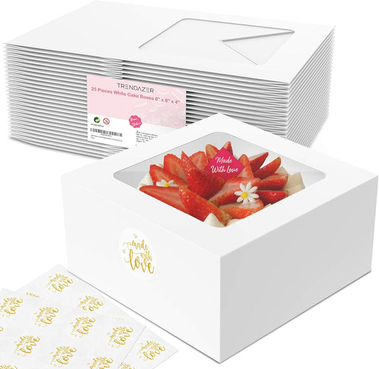 Cake Boxes 8x8x4 Inch 25 Pack with Window, 30 Bonus Sticker, Auto Popup, Extra Thick, Oil Resistant, Ideal for Cookie, Pie, Treat, Pastry, Bakery,For Home Cooker and Restaurant, White