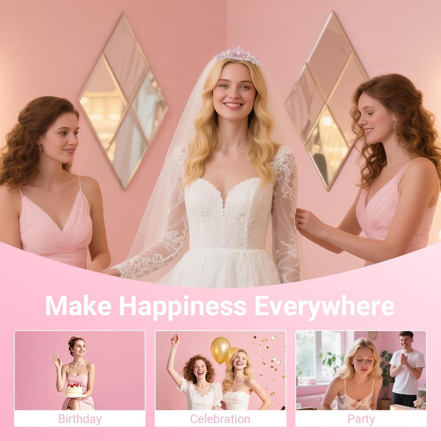 Tiara Crown for Women, Headband Hair Accessories for Birthday Wedding Party Costume Pink