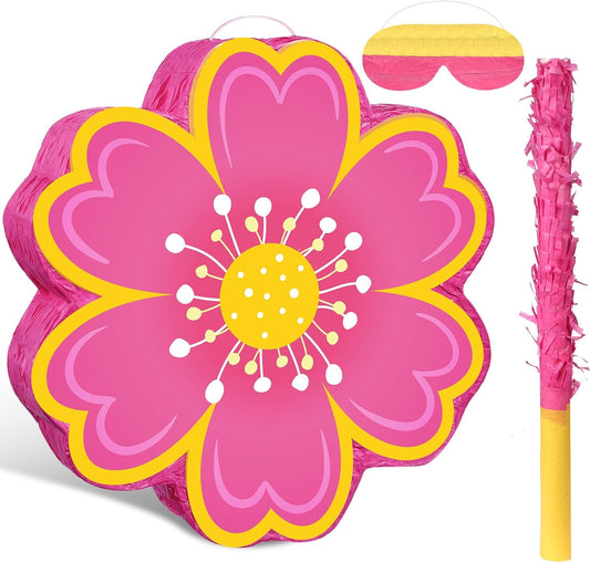 Aoriher Daisy Flower Piñata Set with Blindfold and Bat Pink Flower Piñata Daisy Hippie Boho Game for Birthday Baby Shower Gender Reveal Wedding Floral Mother's Day Princess Party Supplies Decorations