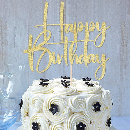 Happy Birthday Cake Topper,black Glitter Cake Pick Bunting Decor for Anniversary Birthday Party Cake Decorations Supplies