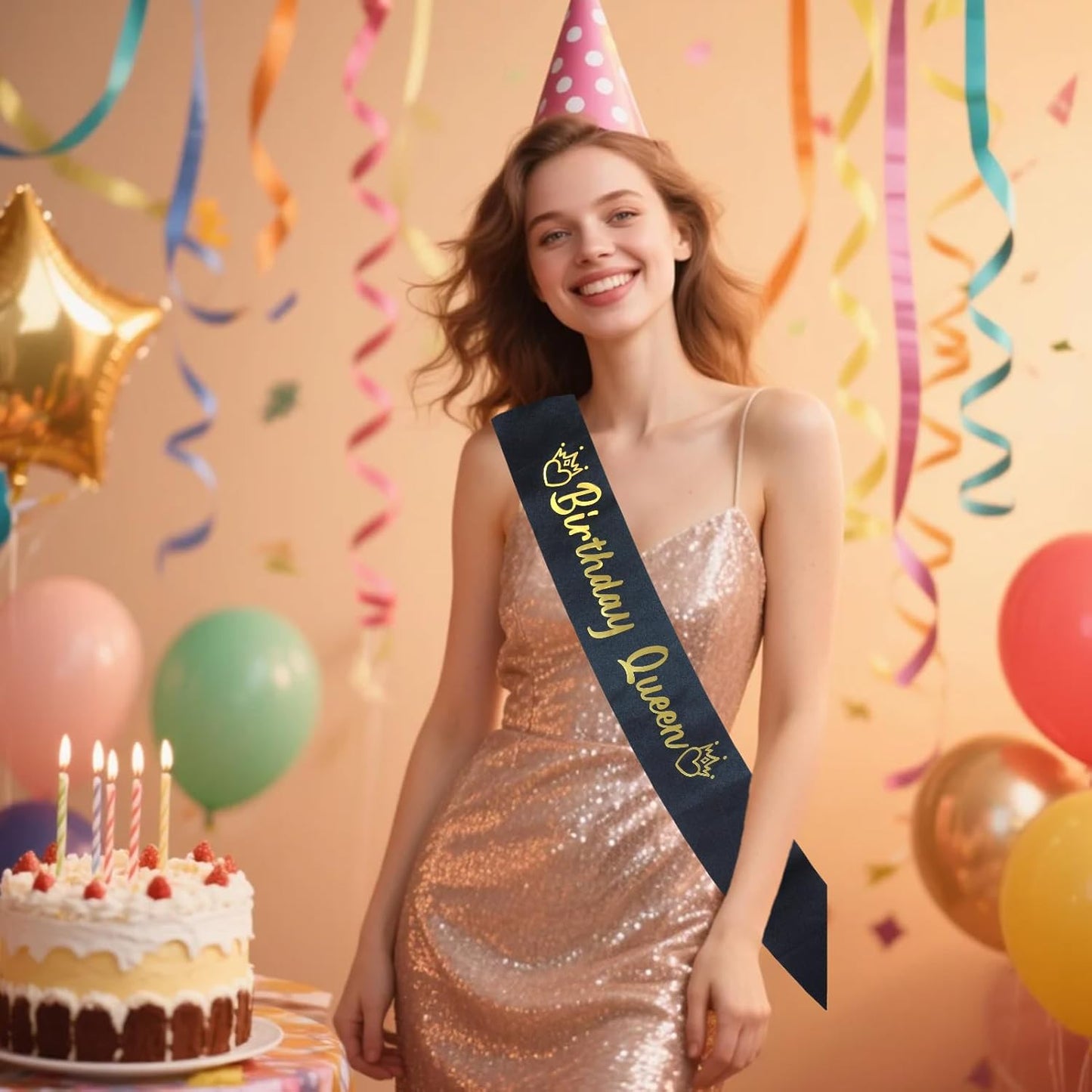 Luwigs Birthday Queen Sash Black Satin with Gold Foli Letter Happy Birthday Sash Gifts for Women and Girls Party Decorations Supplies (Black)