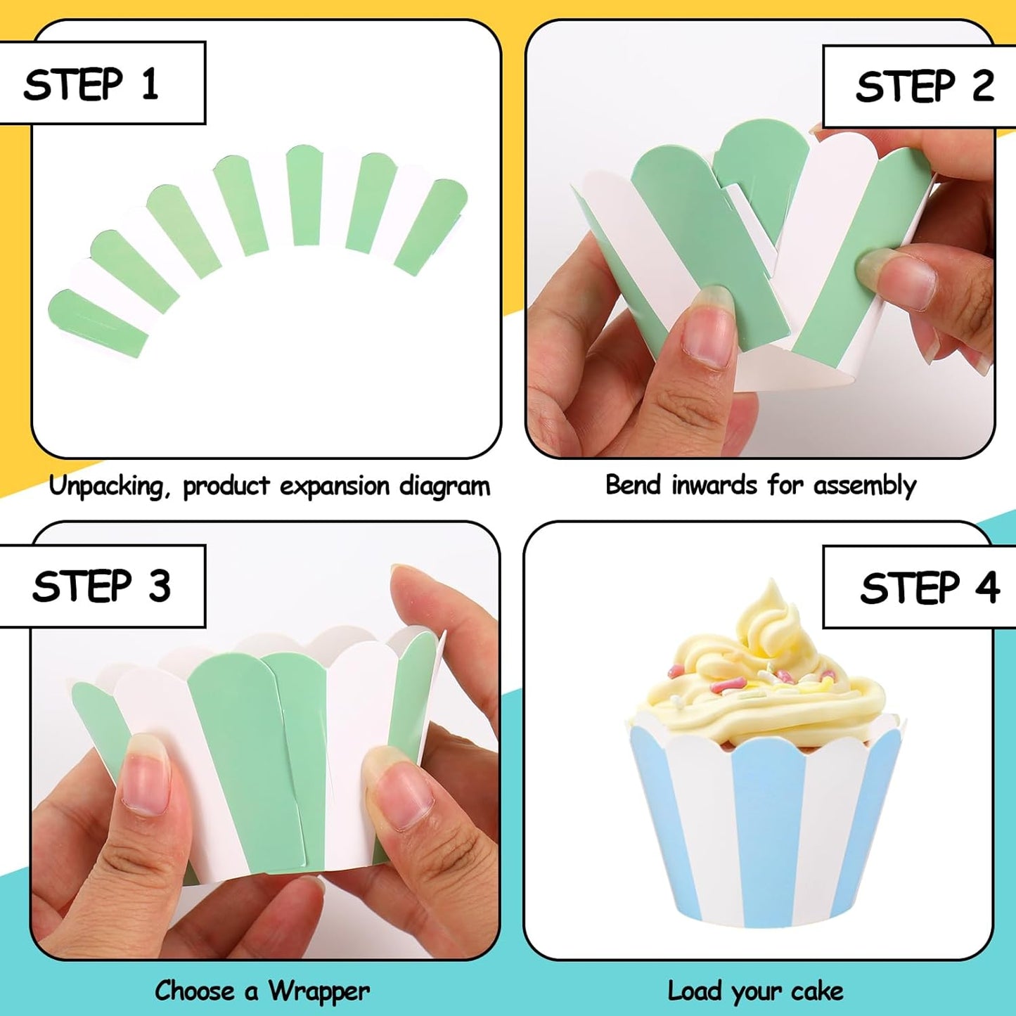Whaline 48Pcs Colorful Striped Cupcake Wrappers Paper Cupcake Liners Scalloped Dessert Holders for Birthday Baby Shower Wedding Party Supplies, 8 Designs