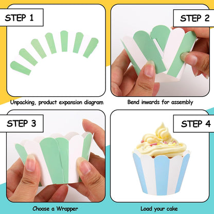 Whaline 48Pcs Colorful Striped Cupcake Wrappers Paper Cupcake Liners Scalloped Dessert Holders for Birthday Baby Shower Wedding Party Supplies, 8 Designs