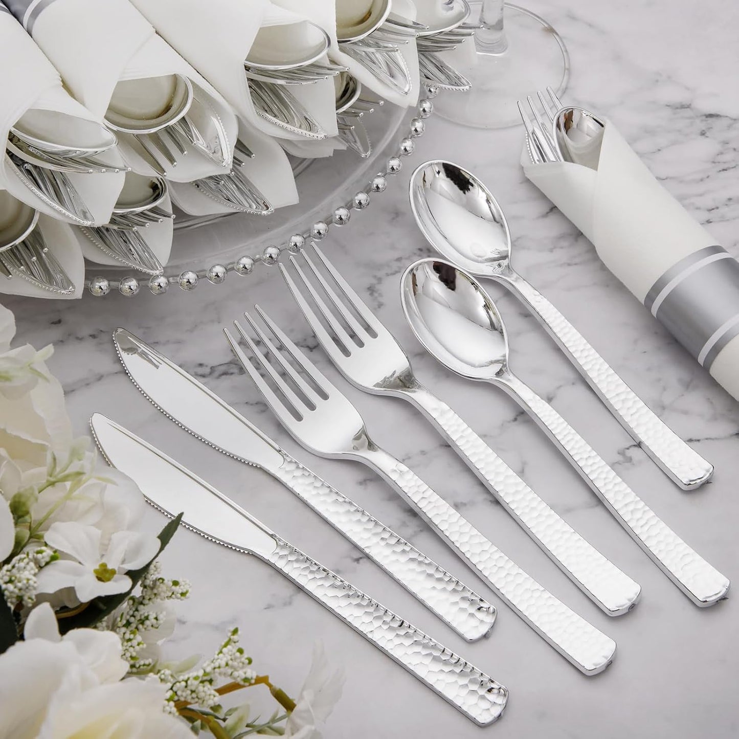 Supernal 180Pcs Silver Plastic Silverware Set, Elegant Hammered Design Heavy Duty Disposable Cutlery, Includes 60 Forks, 60 Knives, 60 Spoons,Silver Plastic Utensils for Wedding, Parties,Events