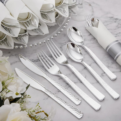 Supernal 180Pcs Silver Plastic Silverware Set, Elegant Hammered Design Heavy Duty Disposable Cutlery, Includes 60 Forks, 60 Knives, 60 Spoons,Silver Plastic Utensils for Wedding, Parties,Events