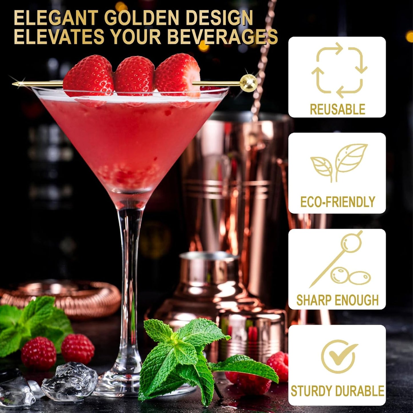15PCS Cocktail Picks for Drinks, Stainless Steel Cocktail Toothpicks, Reusable Cocktail Skewers, Garnish Picks Bloody Mary Skewers, Metal Martini Picks for Olives Appetizers Fruit (4.3 Inch)