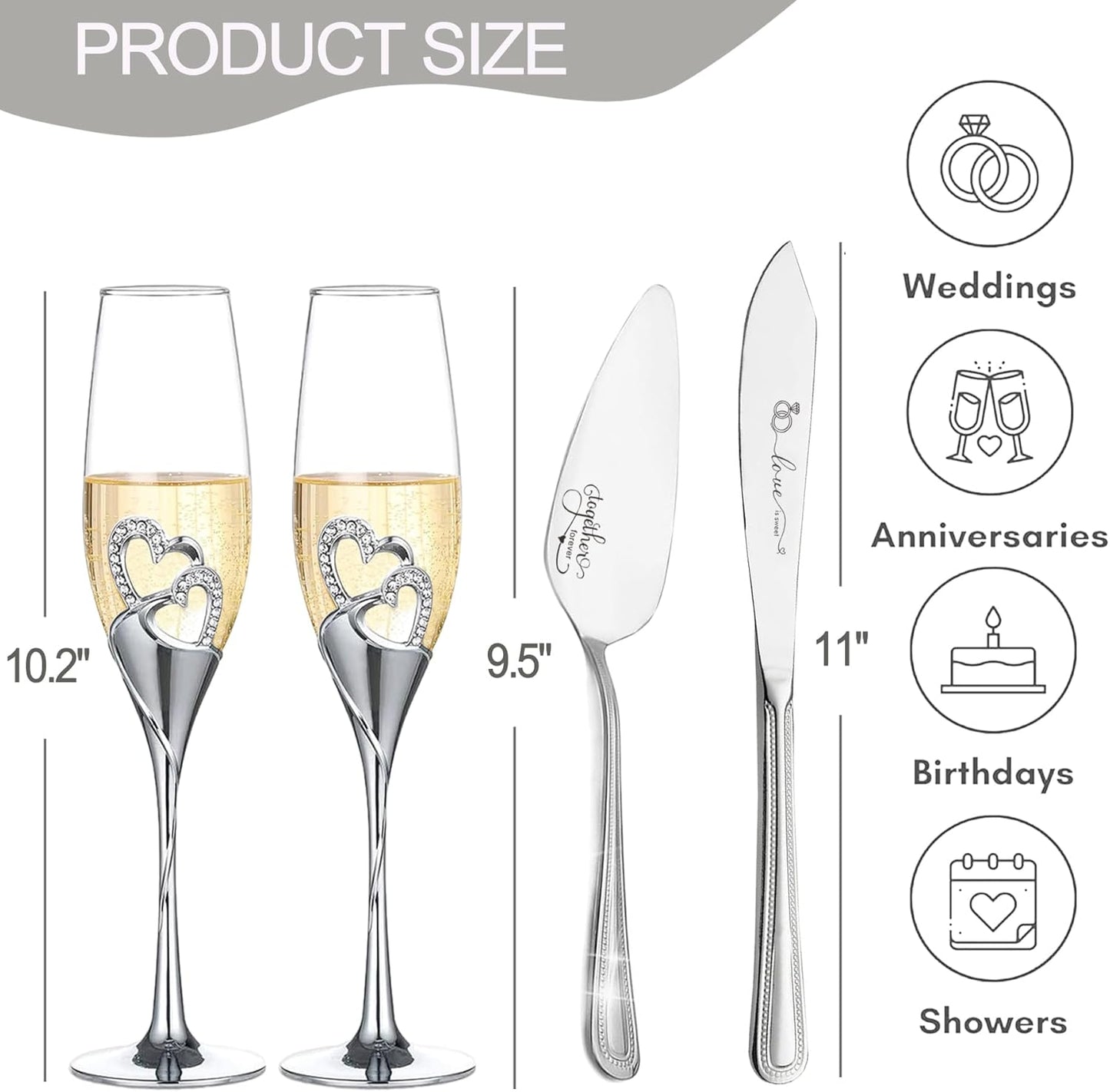 Wedding Cake Knife and Server Set with Forks, Classical Style Champagne Flutes Toasting Glasses for Bride and Groom, Wedding Gifts for Couples, Bridal Shower Gifts