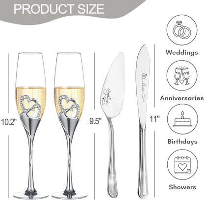 Wedding Cake Knife and Server Set with Forks, Classical Style Champagne Flutes Toasting Glasses for Bride and Groom, Wedding Gifts for Couples, Bridal Shower Gifts