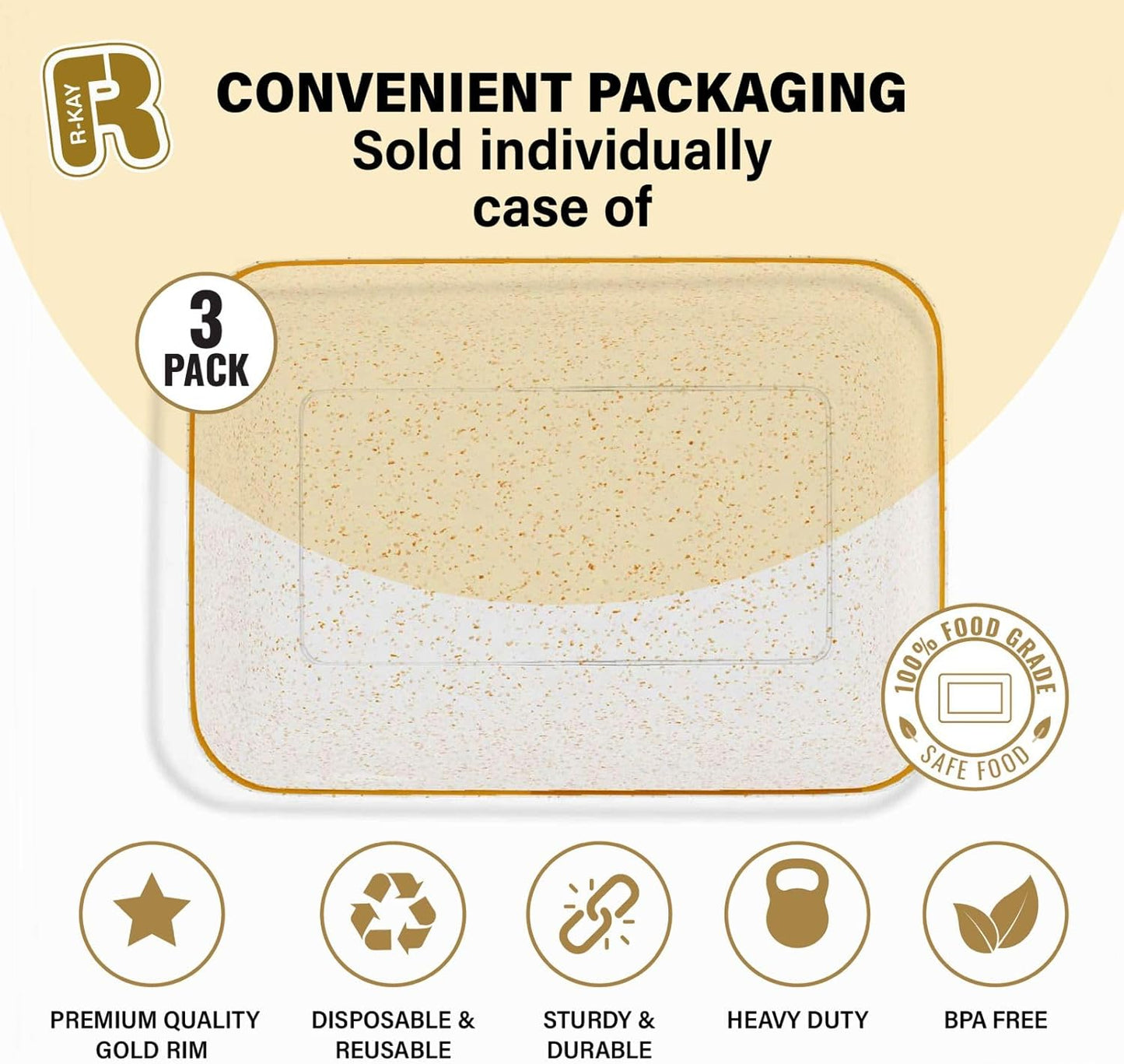 3 Pack Plastic Serving Trays for Party - Gold Serving Tray 8 x 11 Inch - Heavy Duty Dessert Trays for Food - Rectangular Party Serving Trays for Entertaining - Clear Cookie Platters