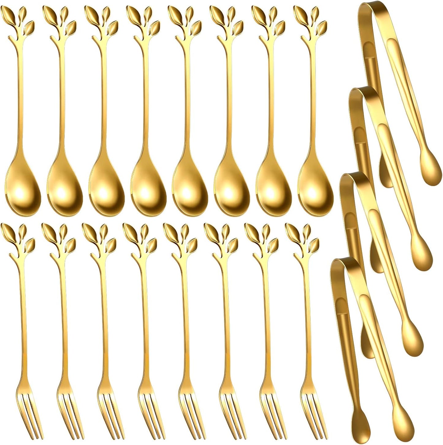 Sieral 10 Pieces Leaf Coffee Spoons, Mini Serving Tongs and Appetizer Forks Stainless Steel Sugar Cube Tongs Dessert Spoons Metal Dinner Forks for Dessert Coffee Tea (Silver)