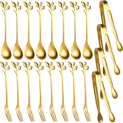 Sieral 10 Pieces Leaf Coffee Spoons, Mini Serving Tongs and Appetizer Forks Stainless Steel Sugar Cube Tongs Dessert Spoons Metal Dinner Forks for Dessert Coffee Tea (Silver)
