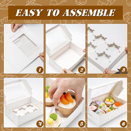 NPLUX 15 Pack Cupcake Boxes with Inserts 6 Holders, White Standard Bakery Boxes with Window Food Grade Cupcake Containers 6 Count for Muffins