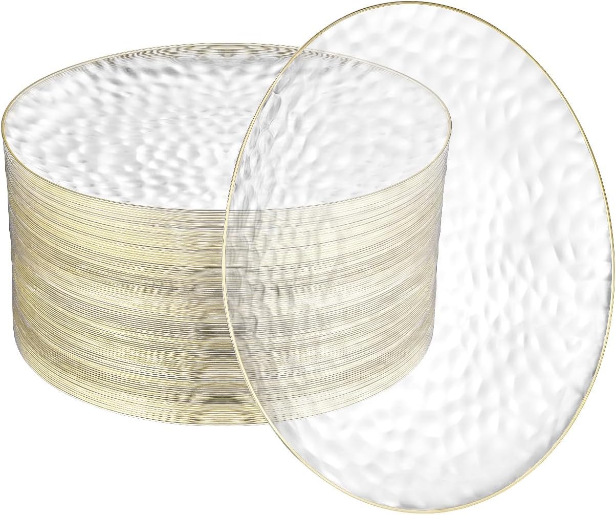R-kay 100 Pack Clear Plastic Plates - 6.25 IN Hammered Gold Rimmed Sturdy, Durable And Extra Heavy duty Gold Plastic Dessert Plates Disposable - Ideal For Appetizer And And For Desserts.