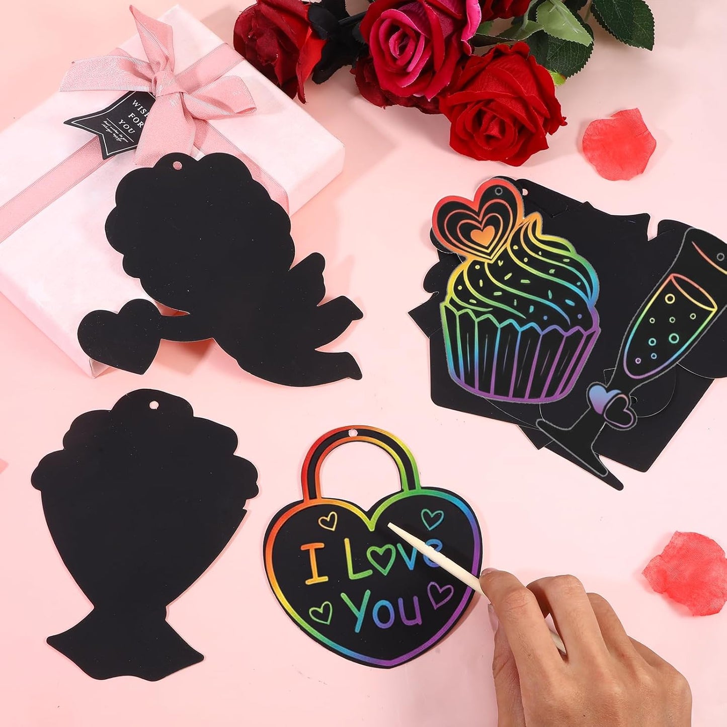 ShioShin 42 Pack Valentine's Day Rainbow Scratch Paper, DIY Rainbow Scratch Art, Scratch Art Party Favors with Wooden Styluses and Pieces Ribbons, Valentines Crafts for Creative Gifts Holiday Decor