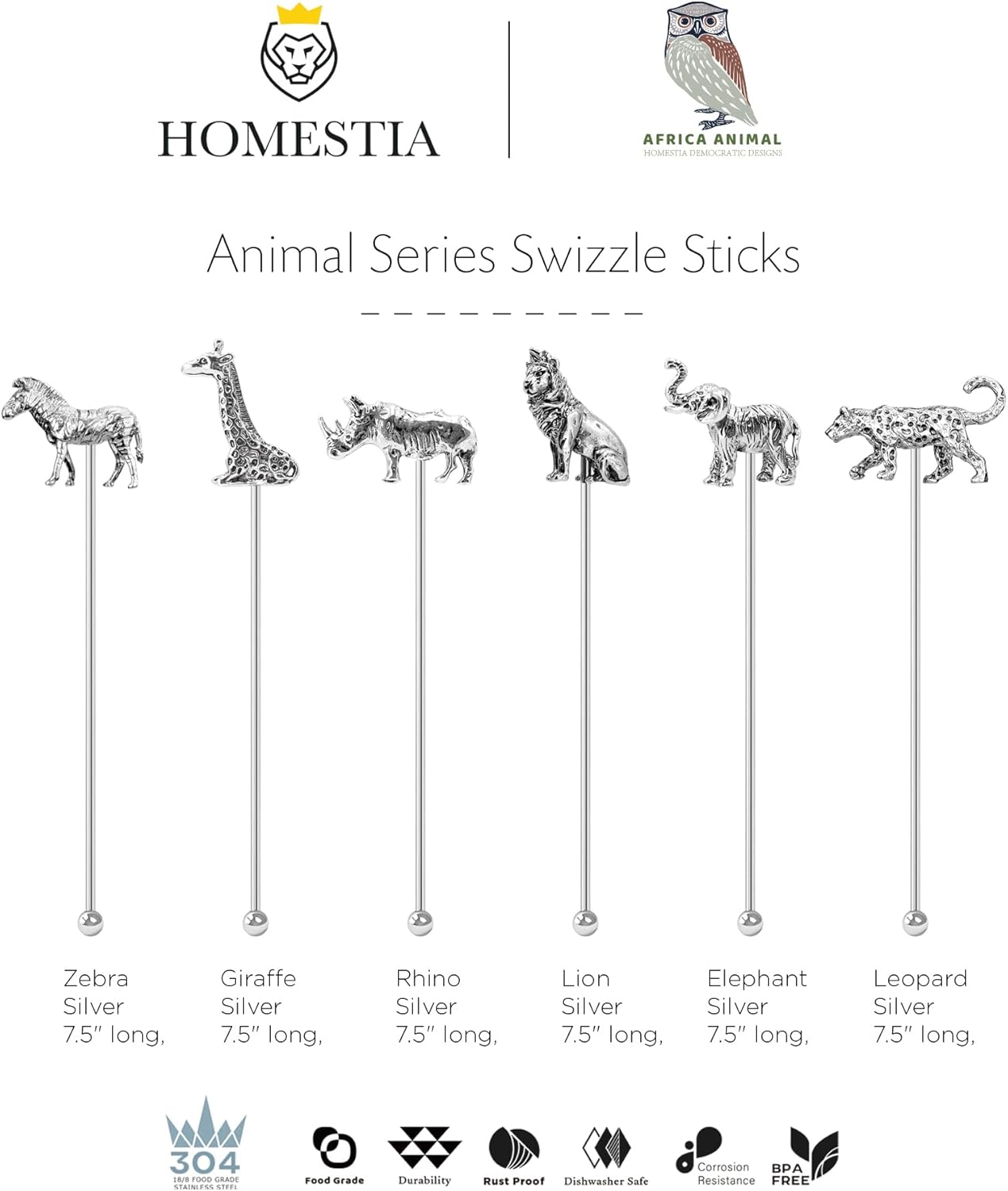 Homestia 7.5" Stainless Steel Cocktail Stirrers with Cute Animal Design, Set of 6 Reusable Swizzle Sticks for Coffee, Martini, Drinks - Dishwasher Safe Metal Bar Tools Stir Sticks